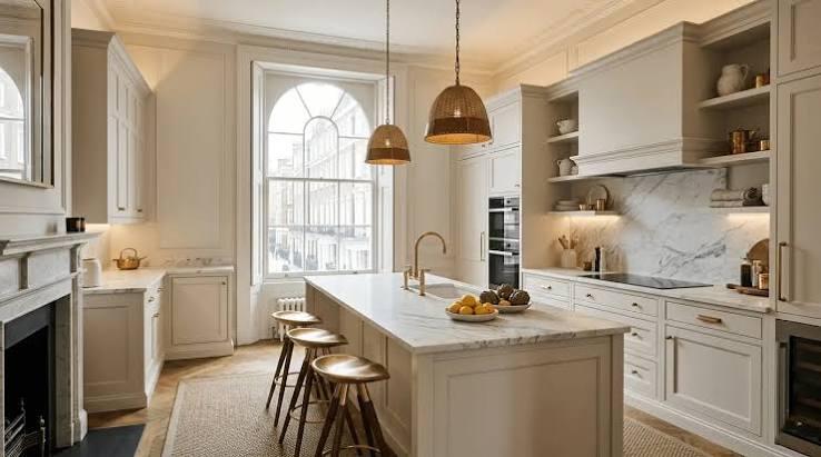 A painted kitchen in a period house, with a marble island and stools, a run of tall cabinetry either side of a marble splashback, and a sash window under a segmental arch looking onto the street.